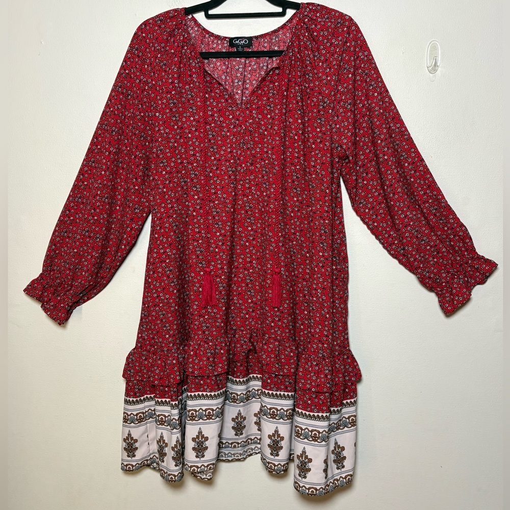 GiGio Red Long Sleeve Oversized Boho Dress with Tassels and Ruffles Size S